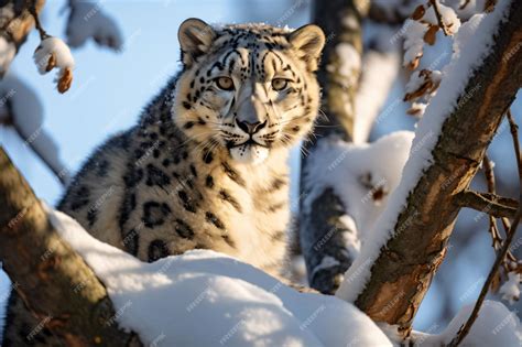 Premium AI Image | a snow leopard sitting in a tree in the snow