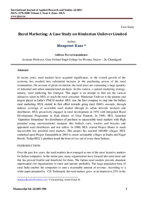 Pdf Rural Marketing A Case Study On Hindustan Unilever Limited Author