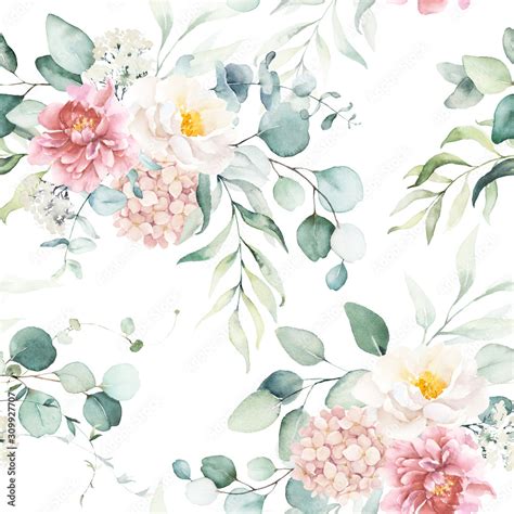 Seamless watercolor floral pattern with pink & peach cream flowers ...