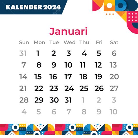 Kalender Bulan Januari 2024 Desain Geometris Datar Vektor Kalender