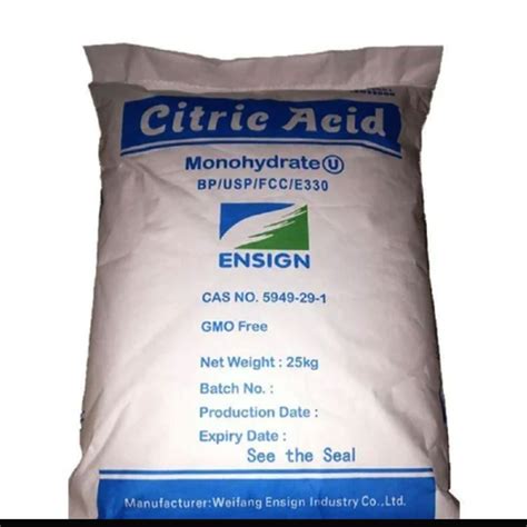 Pharma Grade Ensign Citric Acid Monohydrate Powder Packaging Size 25