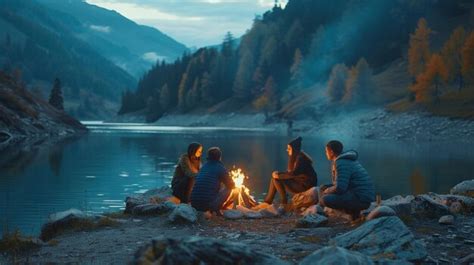 Premium Photo A Group Of People Around A Campfire By The Lake