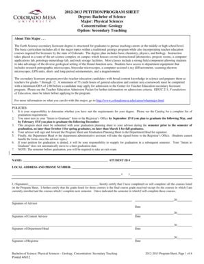 Fillable Online Coloradomesa 2012 2013 PETITIONPROGRAM SHEET Degree