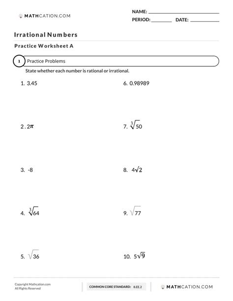 Rational Vs Irrational Numbers Worksheet