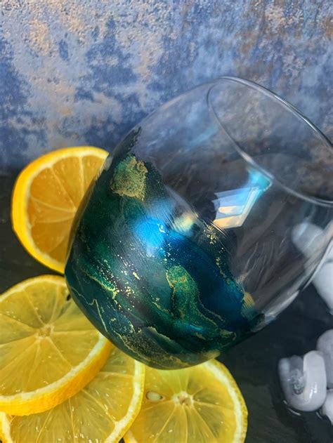 Hand Painted Stemless Gin Glass In A Green And Blue Design Etsy Uk