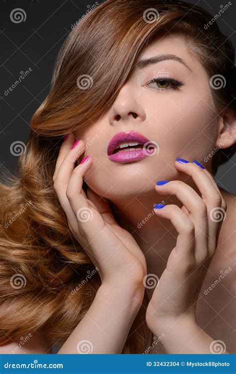 Multi Colored Nails Portrait Of Beautiful Women Touching Face W Stock