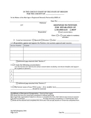 Fillable Online Responding To A Petition For Separation Oregon