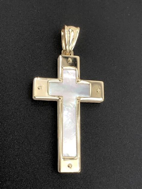 Solid K Yellow Gold Mother Of Pearl Cross Pendant Charm Sided