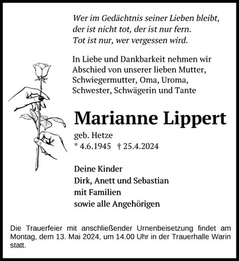 Traueranzeigen Von Marianne Lippert Trauer Nordkurier