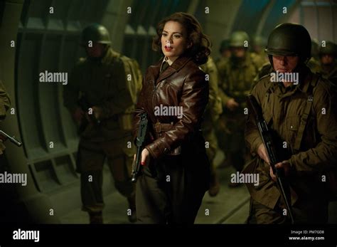 Hayley Atwell Center Plays Peggy Carter Captain America Hi Res Stock