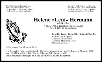 Traueranzeigen Von Helene Hermann Trauer Mittelhessen De