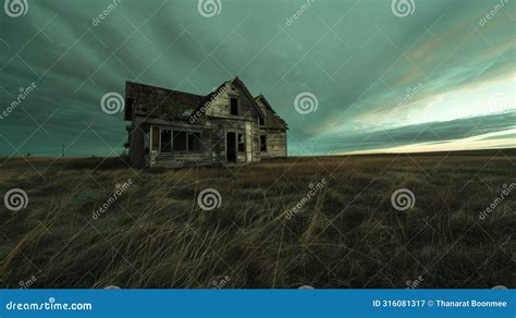 An Abandoned House In A Field At Twilight Evoking A Creepy And Eerie