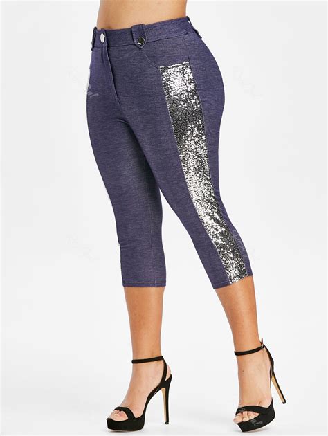 Plus Size Glitter Sequined High Waisted Capri Pants 54 OFF Rosegal