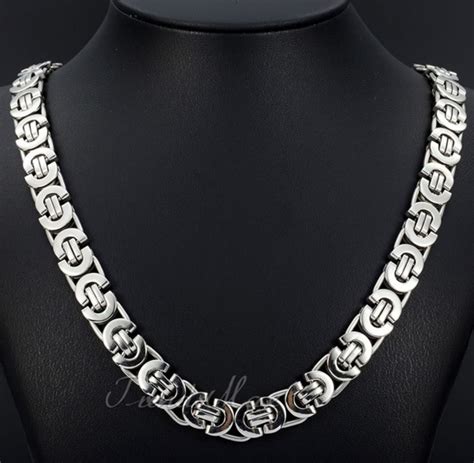 11mm Mens Flat Byzantine Link Necklace Silver Tone Stainless Steel