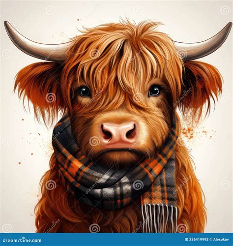 Cartoon Highland Cow With Tartan Scarf Clipart Ai Generated Royalty