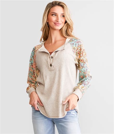 Daytrip Floral Pieced Henley Womens Shirts And Blouses In Multi Buckle