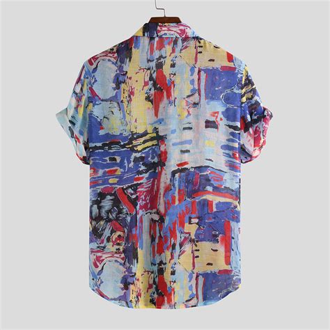 Mens Summer Multi Color Grattifi Printing Practical Pocket Short Sleeve