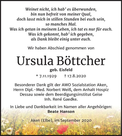 Traueranzeigen Von Ursula B Ttcher Abschied Nehmen De