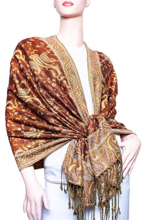 Outlined Reversible Paisley Pashmina Brown Wholesale Scarves City