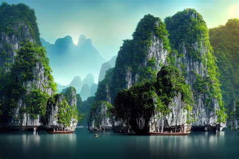 Ha Long Bay Vietnam Limestone Formations Jetting Out Of The Green Water