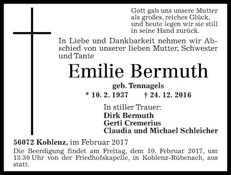 Traueranzeigen Von Emilie Bermuth Rz Trauer De