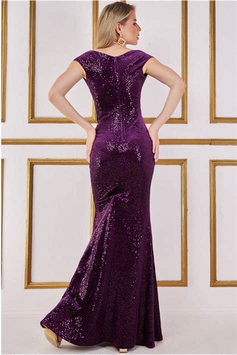 Goddiva Sequin And Velvet Bardot Maxi Dress Purple