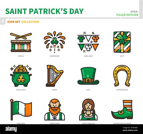 Saint Patricks Day Icon Set Filled Outline Style Vector And