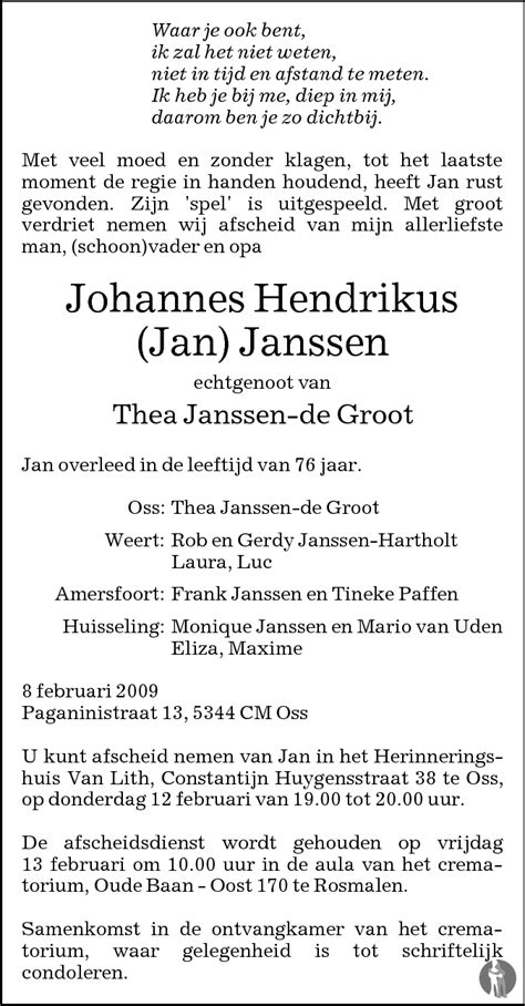 Johannes Hendrikus Jan Janssen Overlijdensbericht En