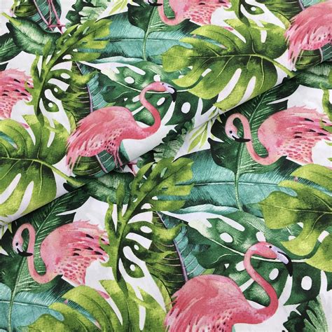 Flamingo Cotton Fabric Tropical Leaves Fabric Palm And Etsy