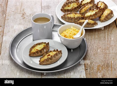 Karjalanpiirakka Ja Munavoi Karelian Pie And Egg Butter Finnish Food Finland Breakfast Stock