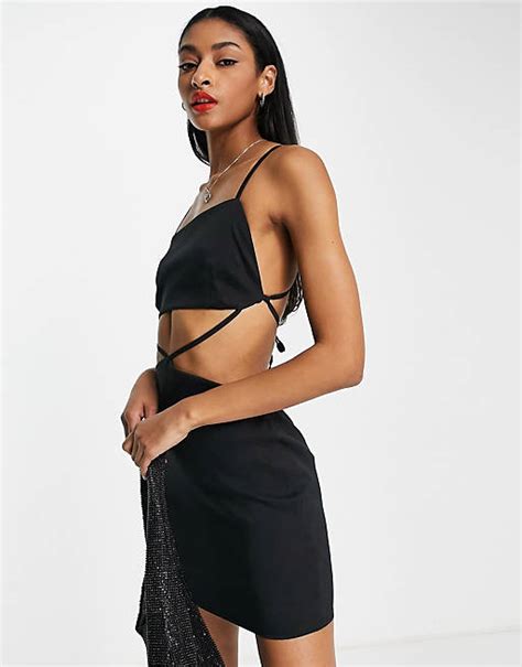 Asos Design Structured Strappy Mini Dress With Square Neck And Tie Detail In Black Asos