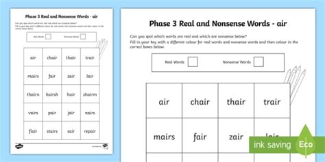 Phase 3 Air Colour By Phoneme Real And Nonsense Words Worksheet Phase