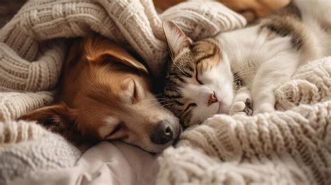 Premium Photo | Cute dog and cat sleeping together in bed under blanket ...