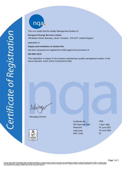 Nqa Iso 90012015 Certificate Sureguard Window Films