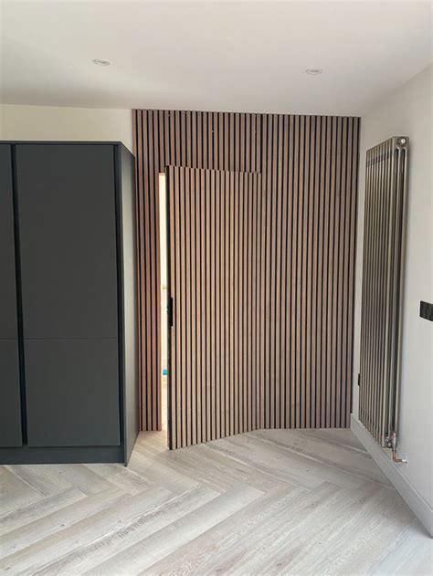 Slatted Walnut Wood Panel Veneer Hidden Door In 2024 Hidden Door Wood Slat Wall Living Room