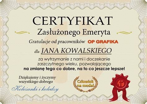 Certyfikat Zasłużonego Emeryta prezent dla przechodzących na