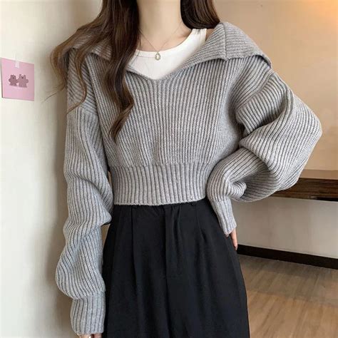 Rimocy Long Sleeve Cropped Sweater Women Autumn Winter Turn Down Collar