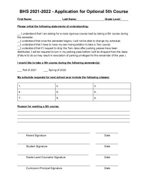 Fillable Online BHS 2021 2022 Application For Optional 5th Course Fax