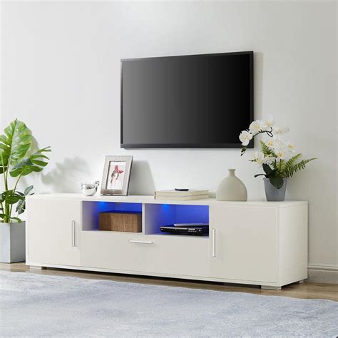 Seafuloy 63 in. W White Particleboard TV Cabinet with LED Lights and 3-Large Storage Space ...