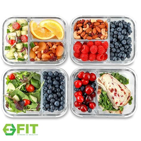 FIT Strong Healthy Glass Meal Prep Containers 4 Pack 30 Oz For Sale