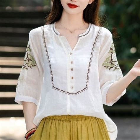 Cotton And Linen Blouse For Women Plus Size Summer Retro Artistic