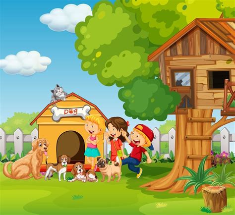 Free Vector Park Scene With Children Playing With Their Animals