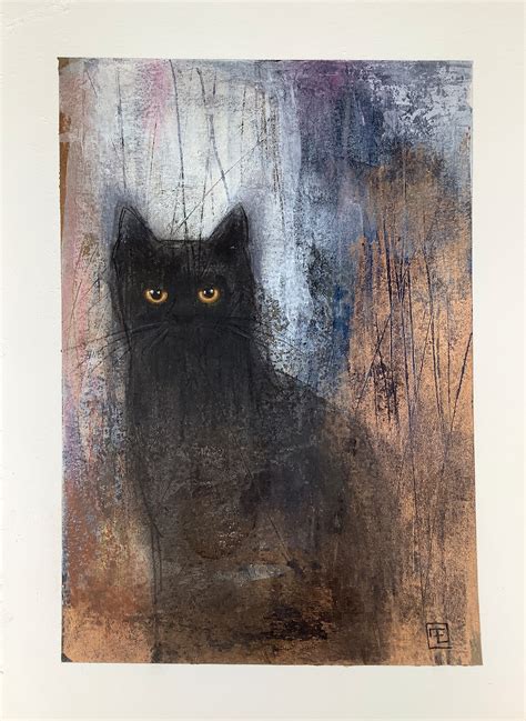 Black cat, abstract black cat portrait, acrylic painting on paper, Eva ...