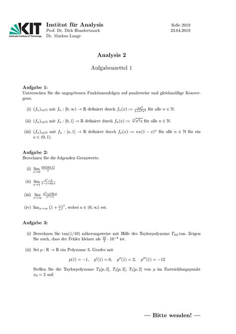 Zettel Sommersemester Institut Fu R Analysis Sose Prof