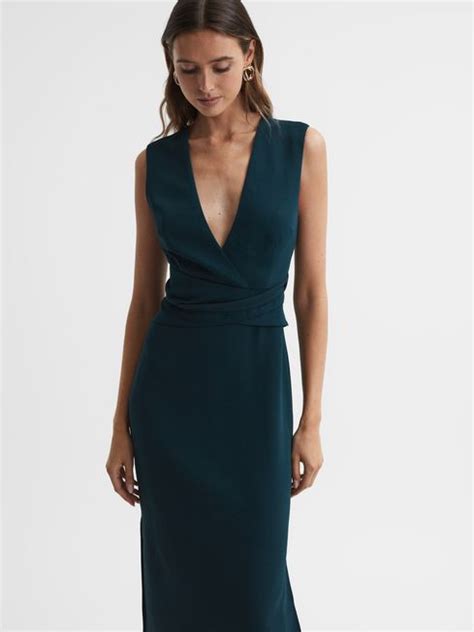 Fitted Wrap Design Midi Dress in Teal - REISS