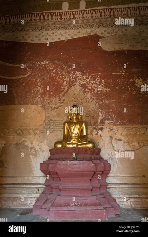 Golden Buddha Statue And Big Aged Painting Inside Sulamani Temple In