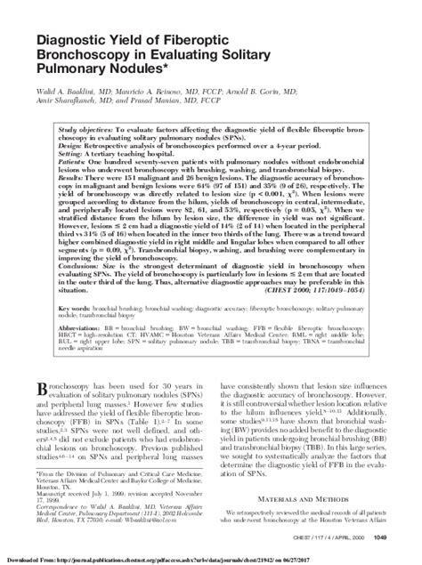 Pdf Diagnostic Yield Of Fiberoptic Bronchoscopy In Evaluating