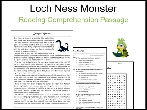 Loch Ness Monster Reading Comprehension And Word Search Teaching Resources