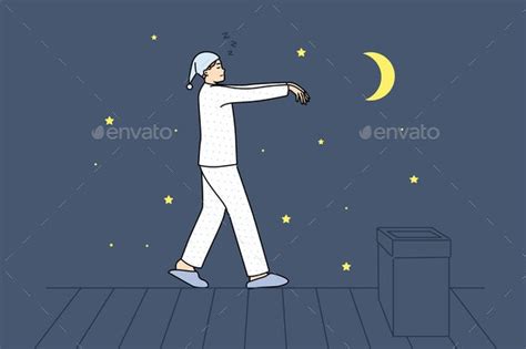 Sleepwalking Man Walks On Roof Of House At Night Vectors Graphicriver