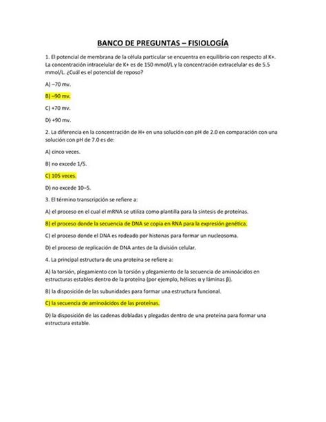 Banco de 133 preguntas de fisiología Modo Estudiante MEHU uDocz